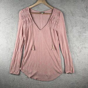 Lucky Brand Women's Top Size S Pink Tasseled V Neck Elastic Long Sleeve